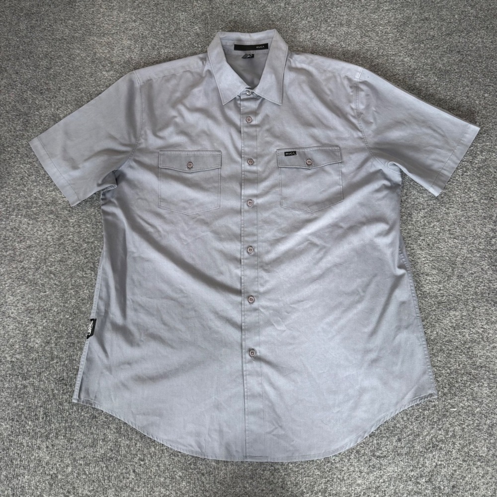 RVCA Mens Large Gray Short Sleeve Button Shirt Casual Skate Surf Classic Summer
